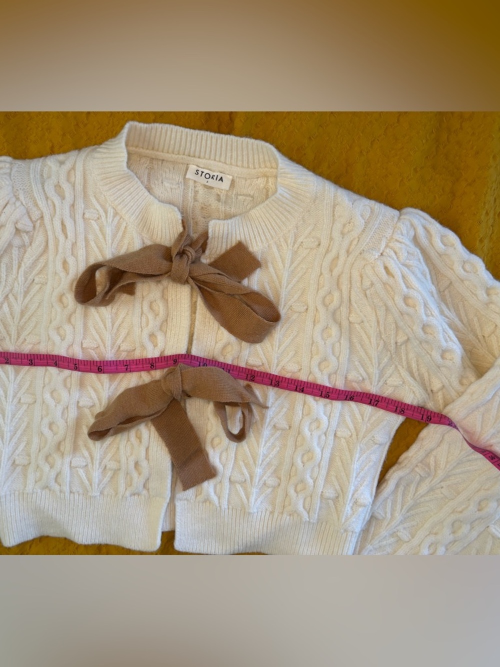 Storia Cream Cable Knit Cropped Cardigan with Brown Bow Ties - Picture 13 of 15